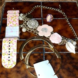 Betsey Johnson Pink and Gold Watch with Floral Accents